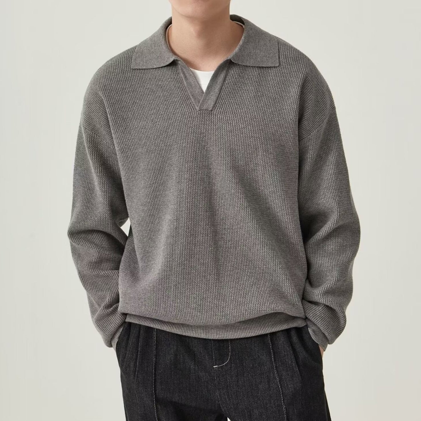 Textured Knit Polo Sweater